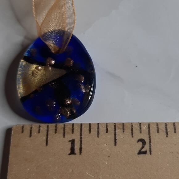 Abstract Blue Pendant On Shimmery Gold Ribbon - Picture 5 of 7